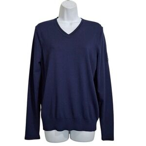 Greg Norman Sweater Women Large Blue Long Sleeve V-Neck Embroidered Crest Top
